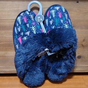 Navy Blue Christmas Tree Theme Memory Foam Slippers